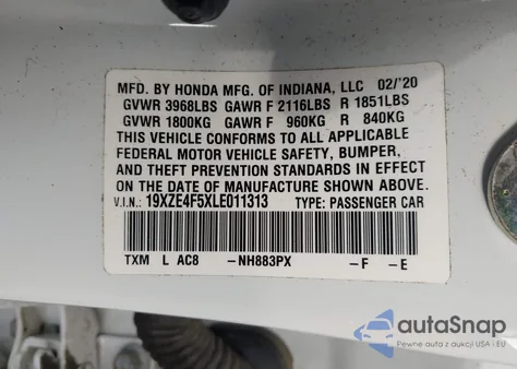 2020 Honda Insight Ex z USA, uszkodzony, nr VIN 19XZE4F5XLE011313